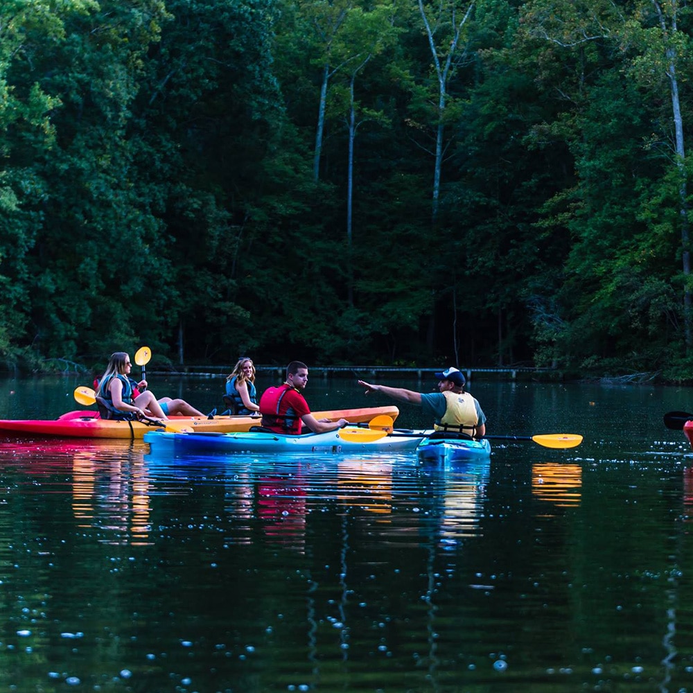 Photo of 2 men and 2 women kayaking together on Lake Haigler at the Anne Springs Close Greenway
